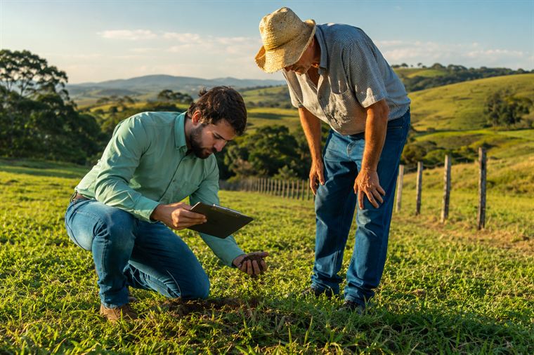 Engenheiro agrônomo avaliando amostra de solo em pastagem com o produtor