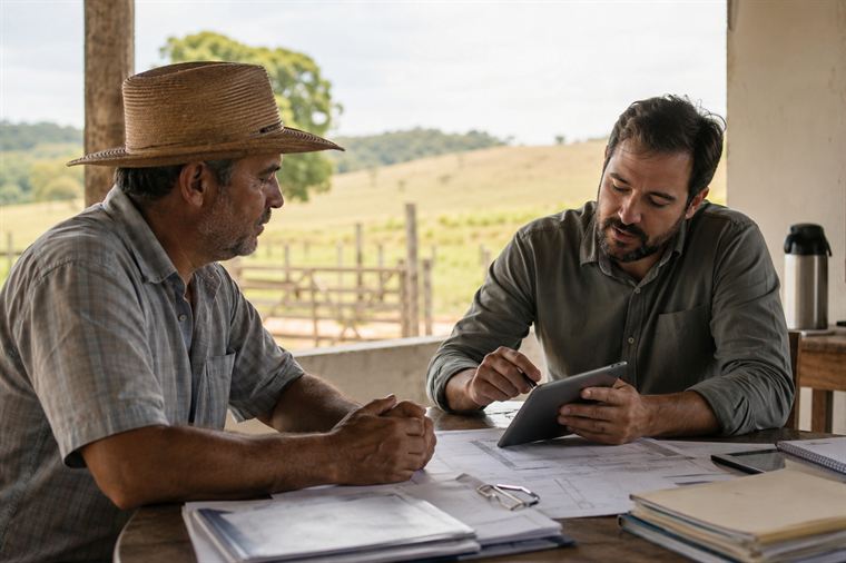 Consultor da Agroserro apresentando projeto de crédito rural ao produtor