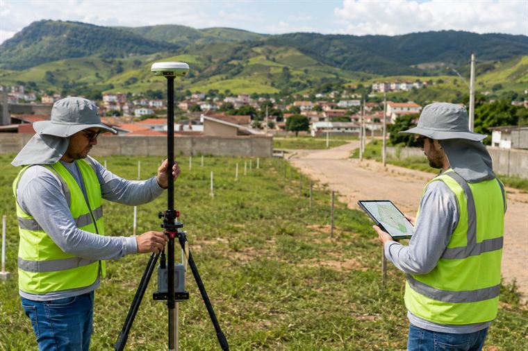 Equipe técnica realizando levantamento topográfico em área de loteamento urbano
